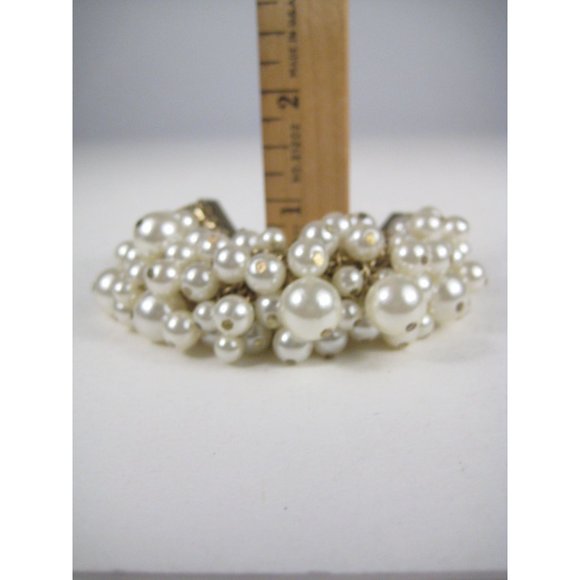 Imitation Pearl Multi Strand Bracelet Goldtone Chain Charm Statement Adjustable - Picture 2 of 6